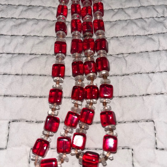 Vintage  Deco Necklace Glass Red Cube Beads Hand Tied bohemian - Picture 8 of 9